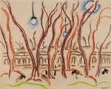 Walter Ophey, Parklandschaft, Ölkreidezeichnung auf chamoisfarbenem glatten Papier