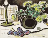 Stilleben mit Pflaumen und Fetter Henne in einem dunklen Henkelkrug by Karl Schmidt-Rottluff, Schwarze Tuschpinselzeichnung, grau laviert und mit farbigen Ölkreiden koloriert, auf elfenbeinfarbenem Bütten, sold May 2008