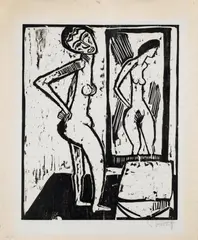 Karl Schmidt-Rottluff, Mädchen vorm Spiegel, Original-Holzschnitt (Reiberdruck) auf Bütten