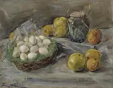 Max Slevogt, Stilleben mit Eiern und Zitrusfrüchten, Öl auf dünner Leinwand