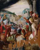 TRIUMPHALER EINZUG SIEGREICHER SOLDATEN IN EINE STADT. by Umkreis Hans von Aachen, Bezeichnet und datiert unten rechts: Goltzius 160(...). Öl auf Eichenholz (parkettiert), sold May 2008