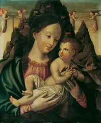 Jean Bellegambe, MADONNA MIT DEM EINEN VOGEL HALTENDEN KIND., Öl auf Holz