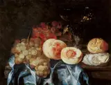 Abraham van Beijeren, STILLLEBEN MIT TRAUBEN UND PFIRSICHEN., Monogrammiert oben links: AVB (ligiert) f. Öl auf Holz