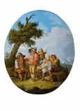 Faustino Bocchi, BURLESKE FIGUREN IN DER LANDSCHAFT., Öl auf Leinwand. Je
