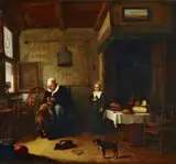 Quiringh van Brekelenkam, INTERIEUR MIT EINER ÄLTEREN FRAU, EINEN KNABEN LAUSEND., Monogrammiert unten rechts: QB. Öl auf Holz (parkettiert)