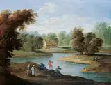 Jan Frans van Bredael, FLUSSLANDSCHAFT MIT ANGLERN., Öl auf Kupfer
