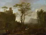 LANDSCHAFT MIT RUINEN UND REITER. by zugeschrieben Christian Hilfgott Brand, Öl auf Leinwand, sold May 2008