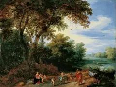 Jan Brueghel the Younger, BAUMLANDSCHAFT MIT RUHE AUF DER FLUCHT., Öl auf Holz