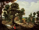 Flemish School, BEWALDETE LANDSCHAFT MIT BAUERNHÄUSERN., Öl auf Leinwand (doubliert)