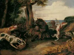 DIE EBERJAGD. by Flemish School, Öl auf Holz, sold May 2008