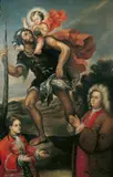 Flemish School, HL. CHRISTOPHORUS MIT ZWEI STIFTERFIGUREN., Öl auf Leinwand