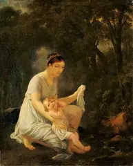 Marguerite Gérard, MUTTER UND KIND IN WALDLANDSCHAFT., Signiert unten rechts: M.te gerard. Öl auf Leinwand