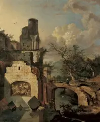 Jan Griffier II, LANDSCHAFT MIT RUINENCAPRICCIO., Signiert in der Mitte unten auf dem grauen Steinblock: J. Griffier Fec. Öl auf Leinwand (doubliert)