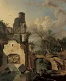 Jan Griffier II, LANDSCHAFT MIT RUINENCAPRICCIO., Signiert in der Mitte unten auf dem grauen Steinblock: J. Griffier Fec. Öl auf Leinwand (doubliert)
