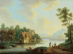 Franz Hochecker, FLUSSLANDSCHAFT MIT WASSERMÜHLE., FLUSSLANDSCHAFT MIT WASSERMÜHLE. Öl auf Leinwand (doubliert)