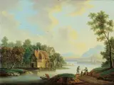Franz Hochecker, FLUSSLANDSCHAFT MIT WASSERMÜHLE., FLUSSLANDSCHAFT MIT WASSERMÜHLE. Öl auf Leinwand (doubliert)