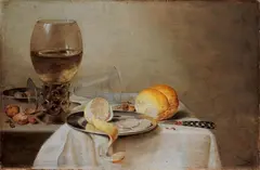 Dutch School, STILLLEBEN MIT GLÄSERN, ZINNTELLERN, BROT UND HALBGESCHÄLTER ZITRONE., Öl auf Holz