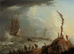 SEESTURM AN DER KÜSTE. by Julius Porcellis, Öl auf Holz, sold May 2008