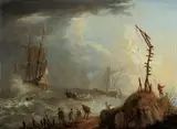 Julius Porcellis, SEESTURM AN DER KÜSTE., Öl auf Holz