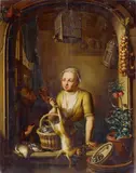 Nicolaas Reyers, FRAU IN NISCHE MIT TOTEM HASEN., Signiert und datiert unten rechts: N. Reyers Fc. 1780 (?). Öl auf Holz