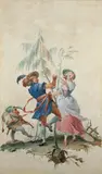 TANZENDES PAAR MIT MUSIZIERENDEM ZWERG. by zugeschrieben Giovanni Domenico Tiepolo, Freskomalerei auf Leinwand übertragen, sold May 2008