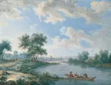 Jurriaen Andriessen, FLUSSLANDSCHAFT MIT ÜBERSETZENDEM BOOT., Gouache auf Papier