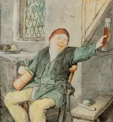 Cornelis Dusart, ZECHENDER BAUER, Aquarell und Kohlestift auf Pergament-Papier
