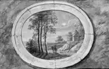 Ferdinand Kobell, LANDSCHAFT MIT DENKMAL UND REITER IN OVALRAHMEN., Verso bezeichnet: F. Kobell. Aquarell auf Papier, unter Glas gerahmt
