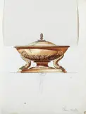 Domenico Moglia, ENTWURF ZU EINER EMPIRE-TERRINE., Mit alternativer Fassung für den Deckel. Alt bezeichnet unten rechts: Dom. Moglia. Bleistift und Aquarell auf Büttenpapier