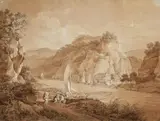 zugeschrieben Adrian Zingg, FLUSSLANDSCHAFT MIT SEGELBOOTEN UND RASTENDEN SCHIFFERN.., Pinsel und Feder in Braun