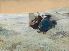 Hans von Bartels, FRAUEN MIT KIND AM STRAND., Signiert und datiert unten links: Hans Bartels, München 1893. Mit Widmung an seinen Lehrer Rud. Nordorff zur Goldenen Hochzeit. Gouache auf Papier, auf Karton montiert