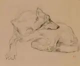 Eugène Delacroix, LIEGENDER HUND., Unten rechts Nachlassstempel: ED. Kreide auf Bütten
