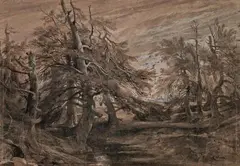 Alexandre Calame, LANDSCHAFT MIT EICHENGRUPPEN., Signiert unten rechts: ACalame. Kreide und Tusche auf Bütten