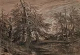 Alexandre Calame, LANDSCHAFT MIT EICHENGRUPPEN., Signiert unten rechts: ACalame. Kreide und Tusche auf Bütten