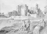 ITALIENISCHE RUINEN MIT FIGURENGRUPPEN. by Heinrich Friedrich Johann Gärtner, Tusche in Braun auf Papier, sold May 2008