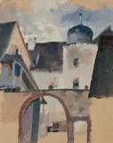 Max Klinger, HÄUSERSTUDIE MIT TORBOGEN UND TURM., Rückseitig Nachlassstempel. Gouache auf Papier