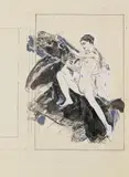 Max Klinger, WEIBLICHER AKT AUF STEIGENDEM PFERD., Tusche in Schwarz und Weiß über Feder in Schwarz auf geripptem Papier