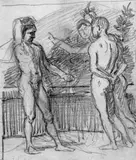Hans von Marées, STUDIENBLATT MIT DREI JÜNGLINGEN., Kohle auf Bütten