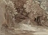 Friedrich Salathé, AUFGANG NACH ARICIO VON OLIVANO AUS., Signiert und bezeichnet unten rechts. Feder und Pinsel in Braun