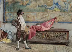 Gustavo Simoni, ALLEGORISCHES BILDNIS EINES MALERS ALS REPUBLIKANER., Signiert und datiert Mitte rechts: G. Simoni. Roma 74. Aquarell auf Bütten