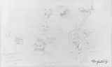Carl Spitzweg, SKIZZENBLATT MIT FIGURENSTUDIEN UND EINER TIERSTUDIE sowie mit handschriftlichen Notizen.
