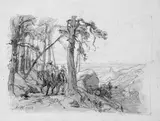 Anton von Werner, DREI REITER IN LANDSCHAFT., Monogrammiert und datiert unten links: AvW 1863. Feder in Braun, Tusche in Grau und Graphit auf Bütten