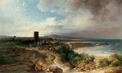 Fritz Bamberger, KÜSTENLANDSCHAFT MIT RUINE., Signiert unten links: Fritz Bamberger f. Öl auf Leinwand