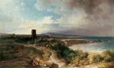 Fritz Bamberger, KÜSTENLANDSCHAFT MIT RUINE., Signiert unten links: Fritz Bamberger f. Öl auf Leinwand