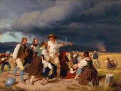 Jakob Becker, DAS GEWITTER (LANDLEUTE, VOM GEWITTER ERSCHRECKT), Monogrammiert und datiert unten rechts: J. B. 1839. Öl auf Leinwand
