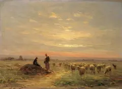 Ferdinand Chaigneau, HIRTEN MIT SCHAFHERDE., Signiert unten links: F. Chaigneau. Öl auf Holz