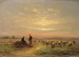 Ferdinand Chaigneau, HIRTEN MIT SCHAFHERDE., Signiert unten links: F. Chaigneau. Öl auf Holz
