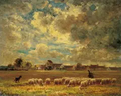 Paul Chaigneau, LANDSCHAFT MIT SCHAFHERDE., Signiert unten links: Paul Chaigneau. Öl auf Holz
