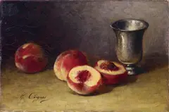 Marie Coignet, STILLLEBEN MIT PFIRSICHEN UND POKAL., Signiert unten links: M. Coignet. Öl auf Leinwand