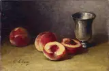 Marie Coignet, STILLLEBEN MIT PFIRSICHEN UND POKAL., Signiert unten links: M. Coignet. Öl auf Leinwand